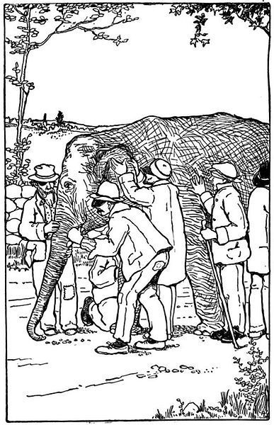 black and white drawing of several blindfolded men touching an elephant